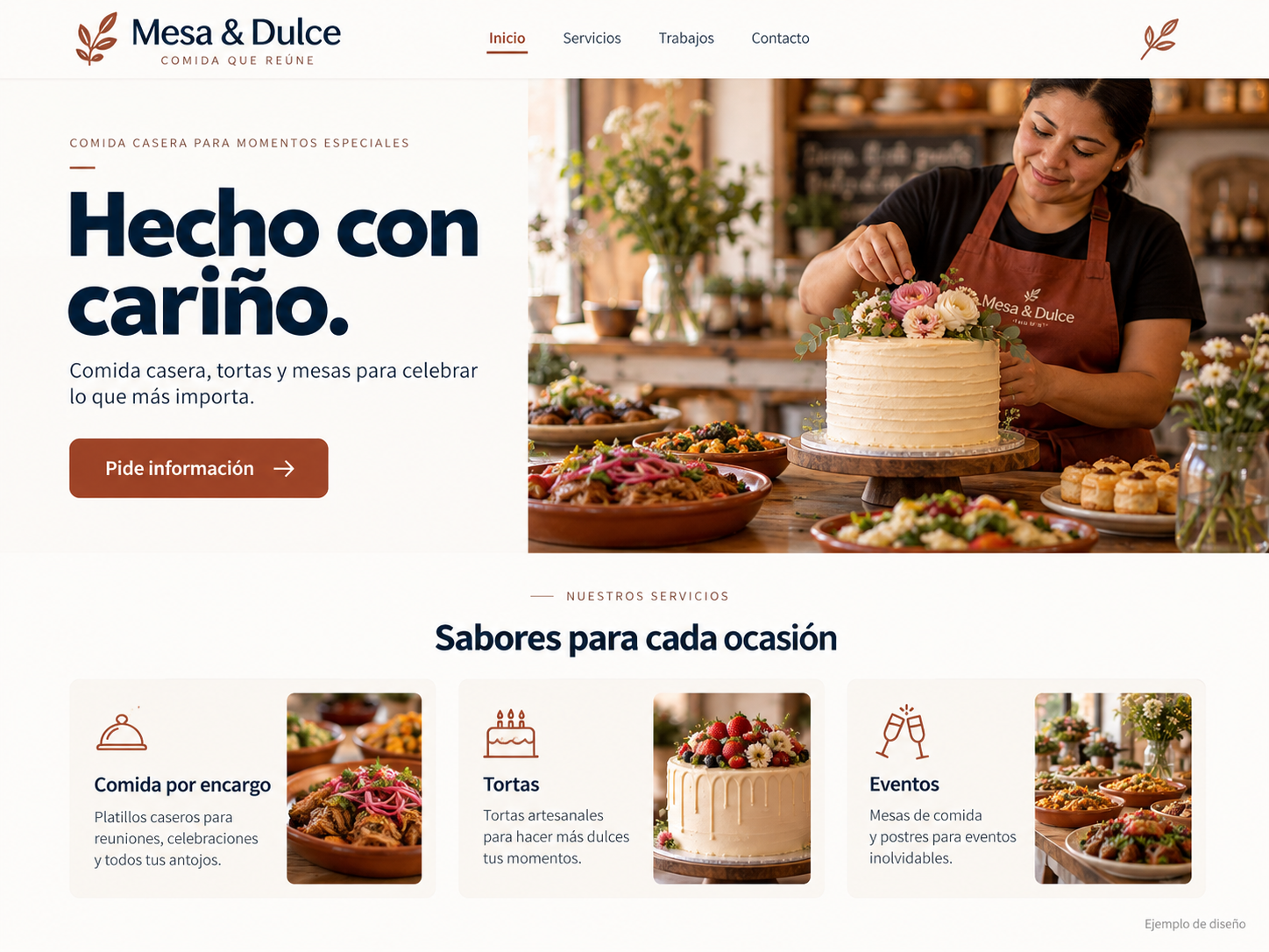 Ejemplo de página de comida, restaurantes y tortas: claro y directo